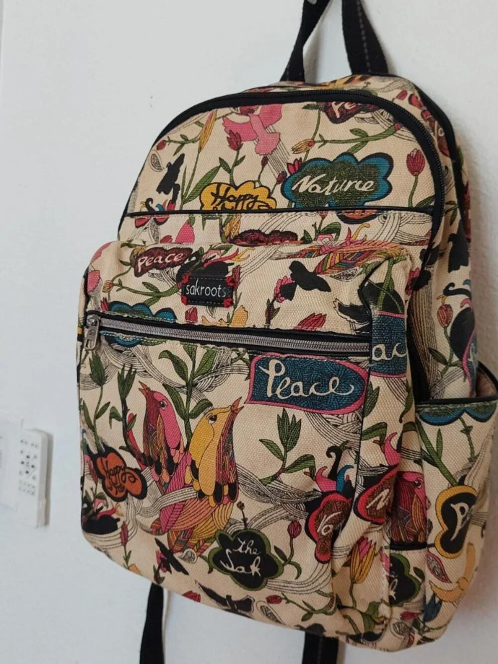 Sakroots multicoloured backpack with adjustable straps peace birds zipper #boho